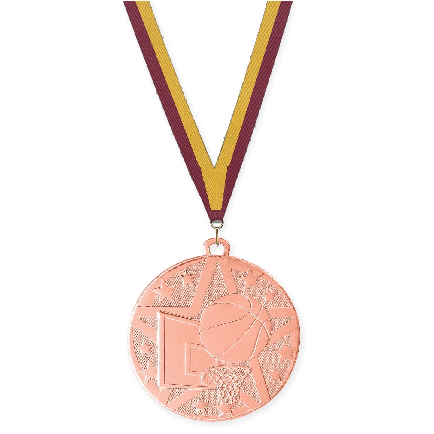 2 inch basketball Superstar medal in bronze with Maroon Gold neck ribbon