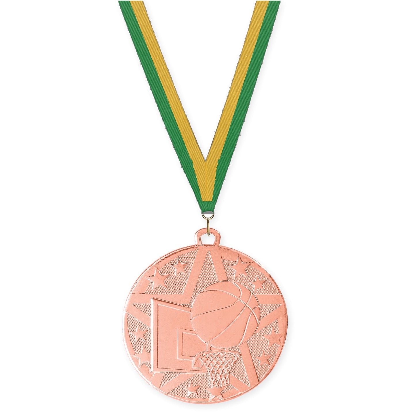 2 inch basketball Superstar medal in bronze with Green Gold neck ribbon