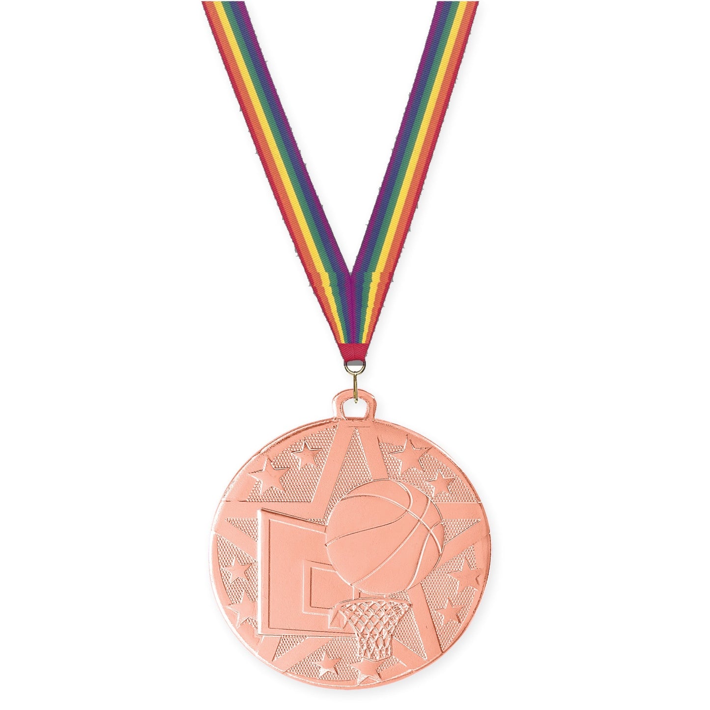 2 inch basketball Superstar medal in bronze with Rainbow neck ribbon
