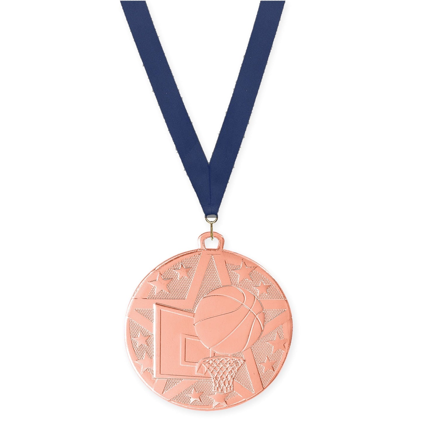 2 inch basketball Superstar medal in bronze with Navy neck ribbon