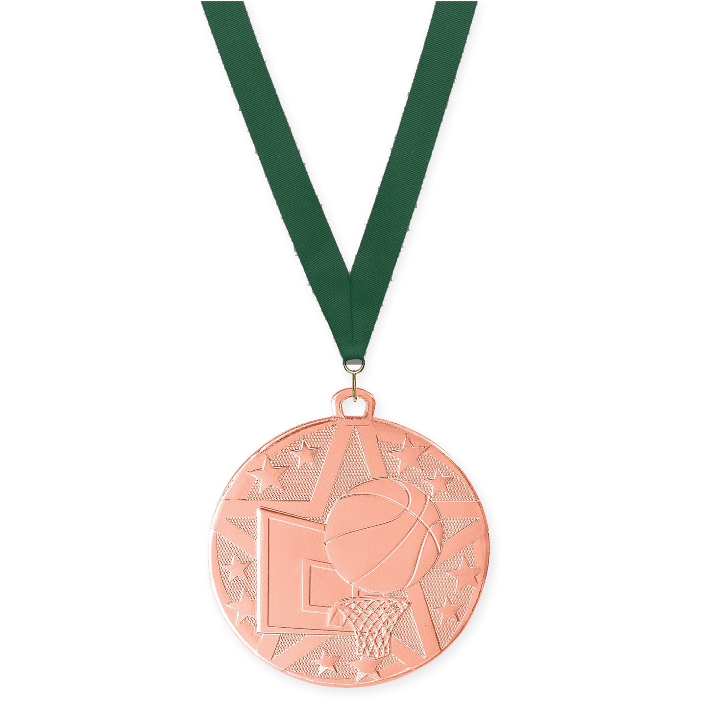 2 inch basketball Superstar medal in bronze with Hunter Green neck ribbon