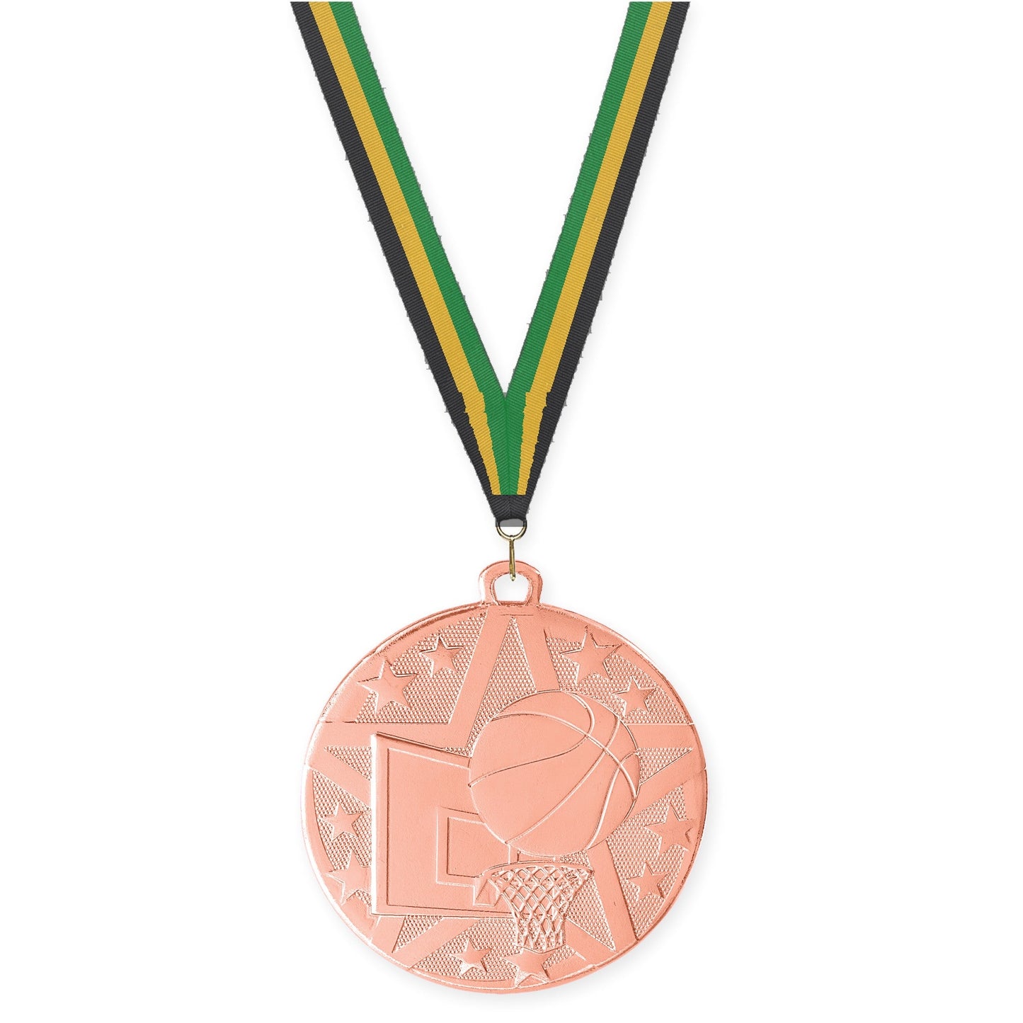2 inch basketball Superstar medal in bronze with Black Gold Green neck ribbon