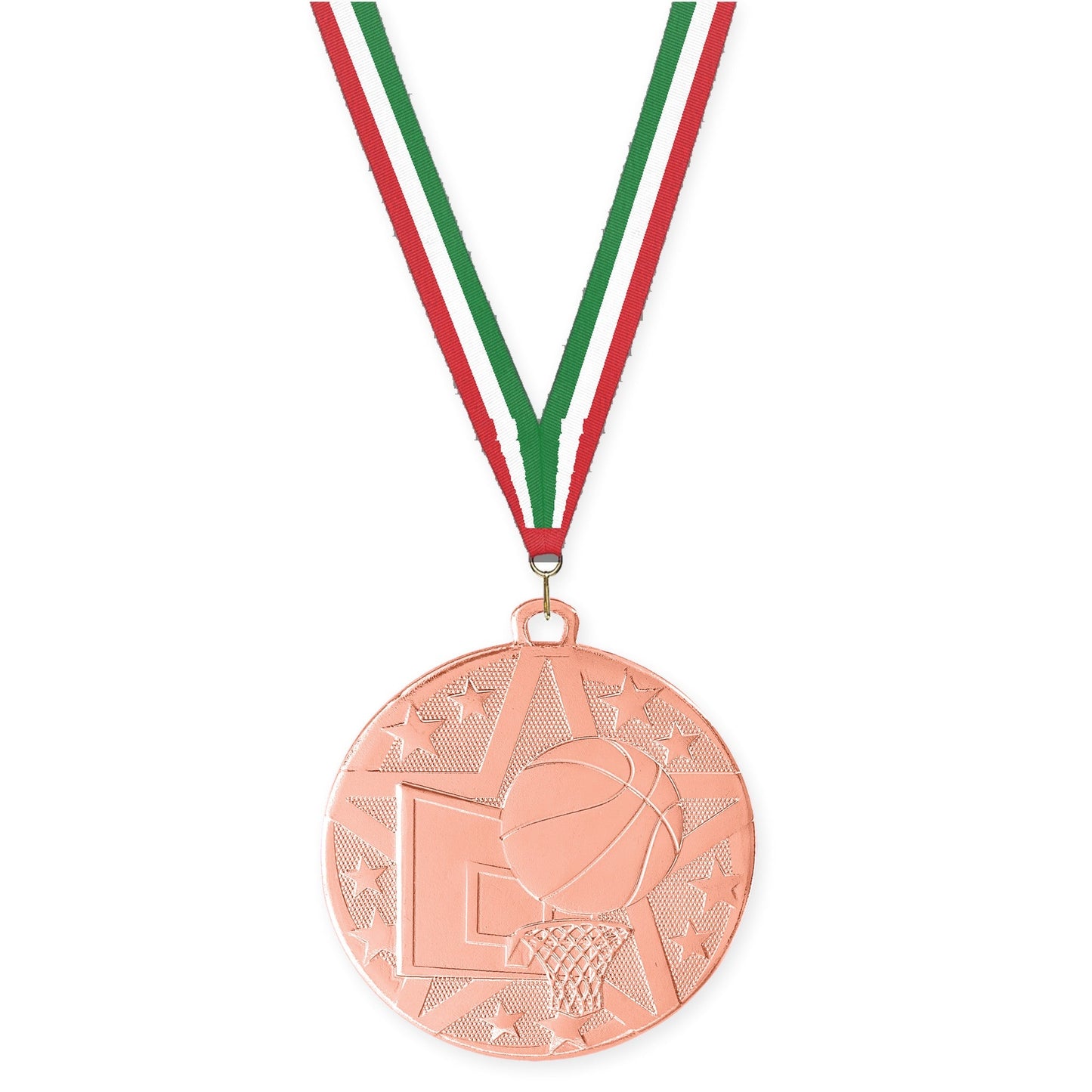 2 inch basketball Superstar medal in bronze with Red White Green neck ribbon