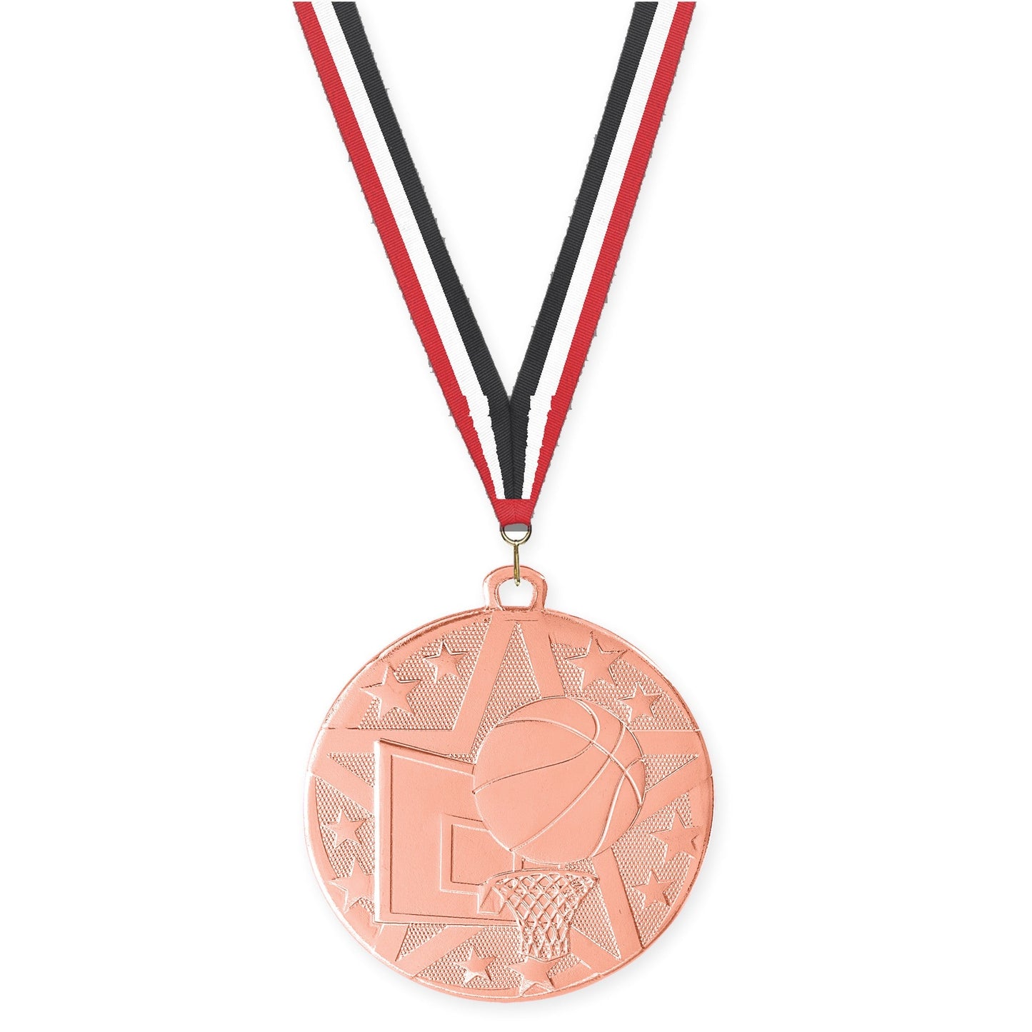 2 inch basketball Superstar medal in bronze with Red White Black neck ribbon