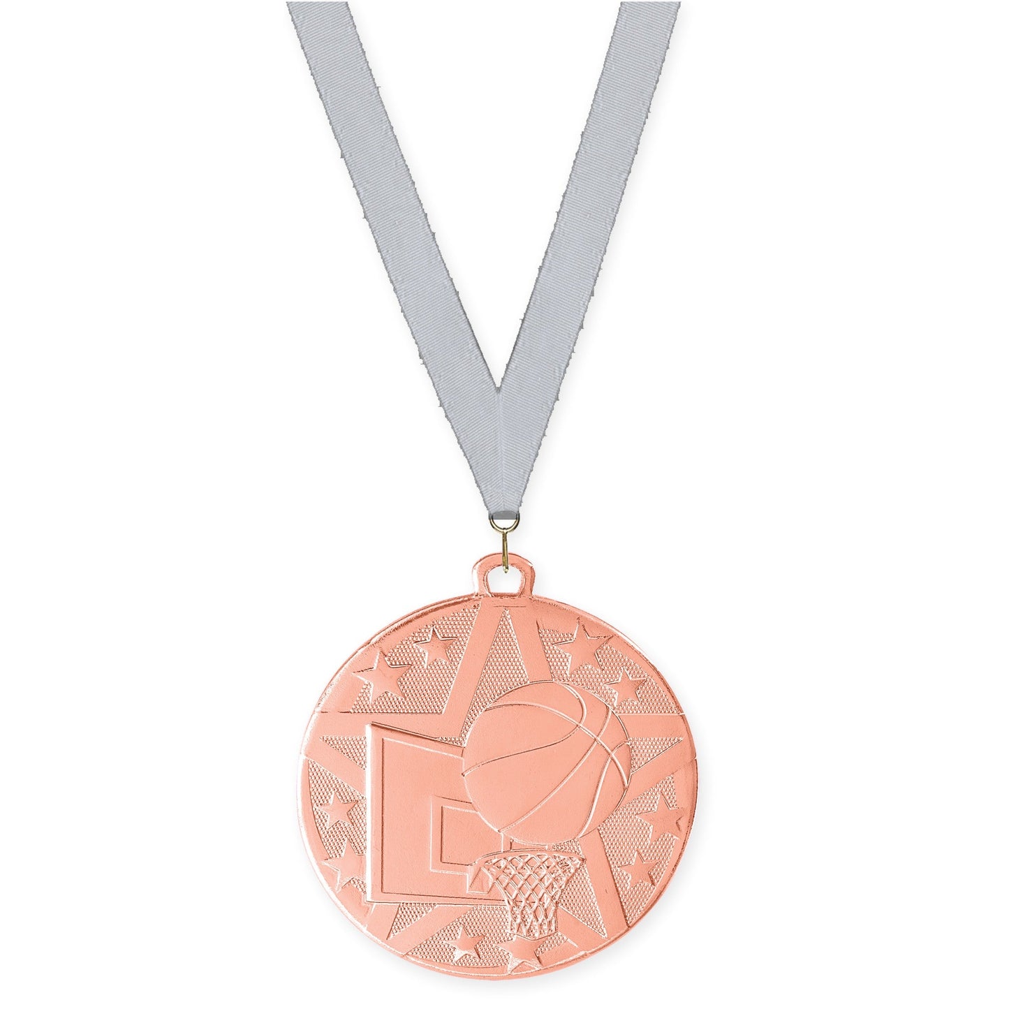 2 inch basketball Superstar medal in bronze with Silver Metallic neck ribbon
