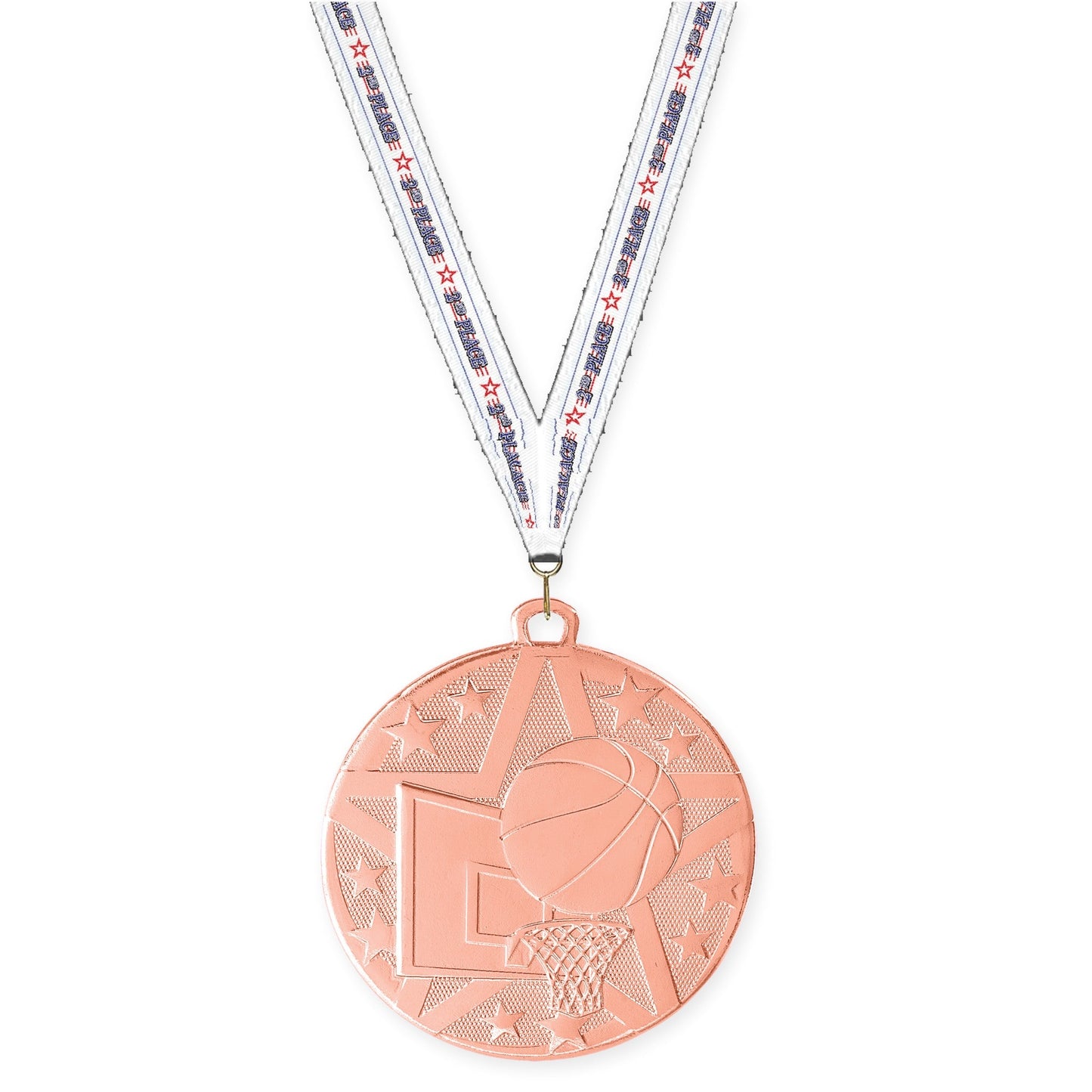 2 inch basketball Superstar medal in bronze with 2nd Place neck ribbon