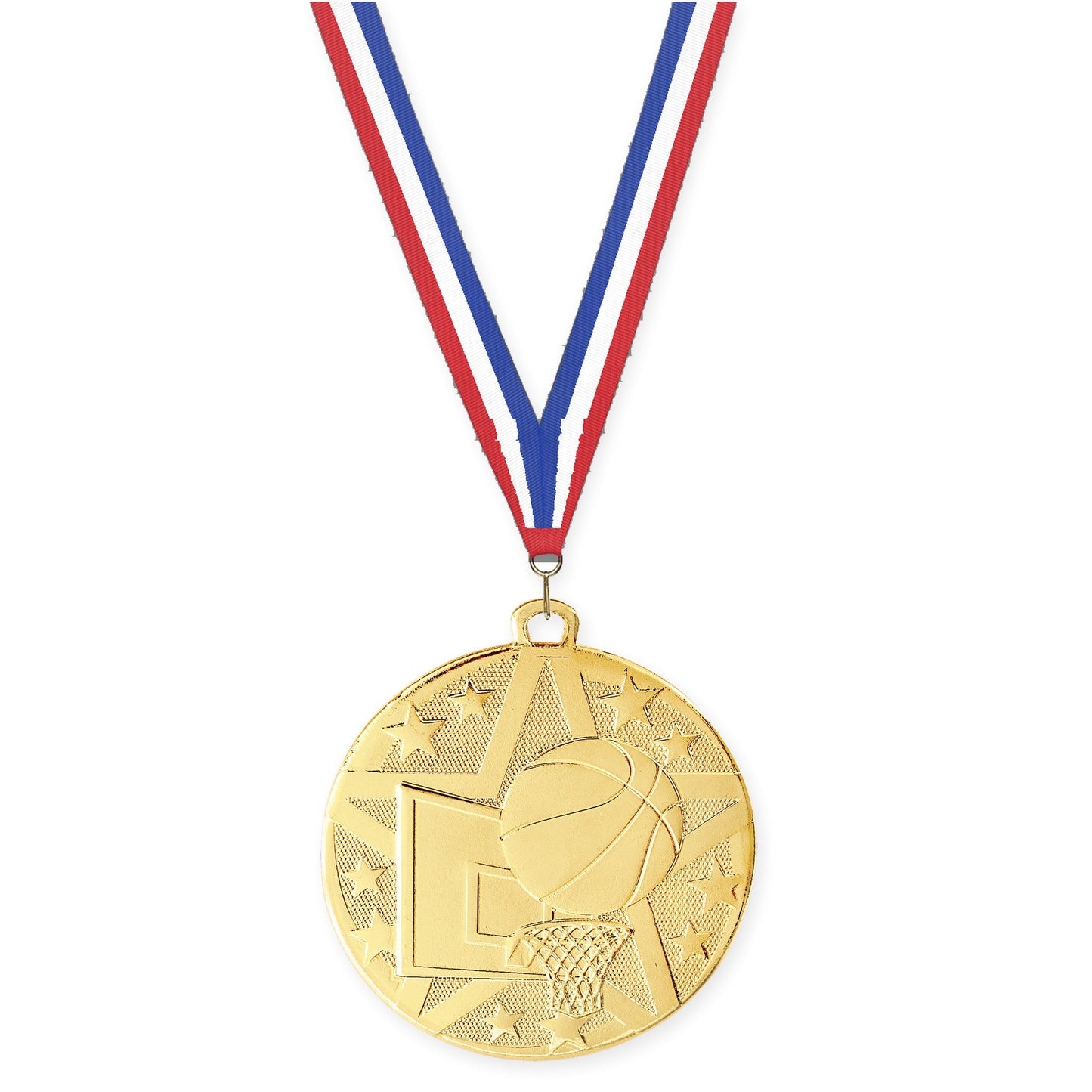 2 inch basketball Superstar medal in gold with Red White Blue neck ribbon
