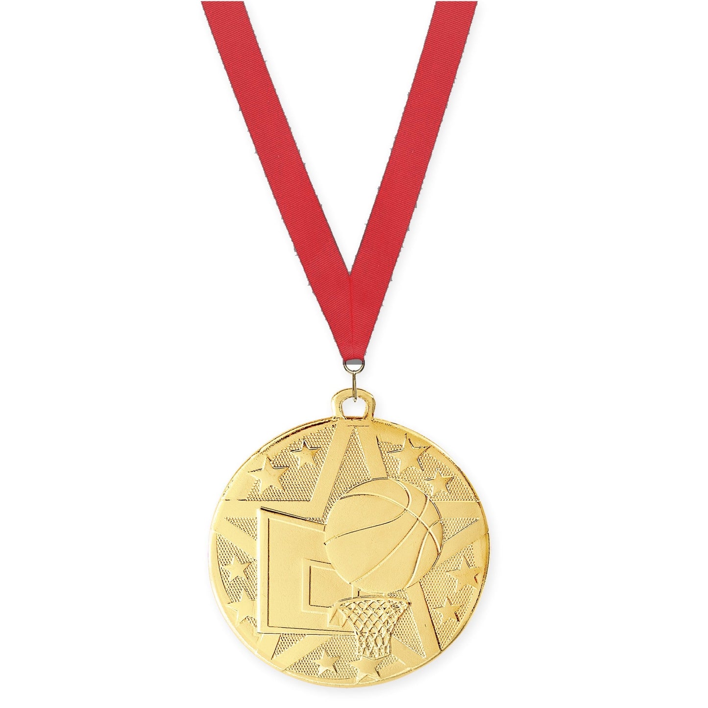 2 inch basketball Superstar medal in gold with Red neck ribbon