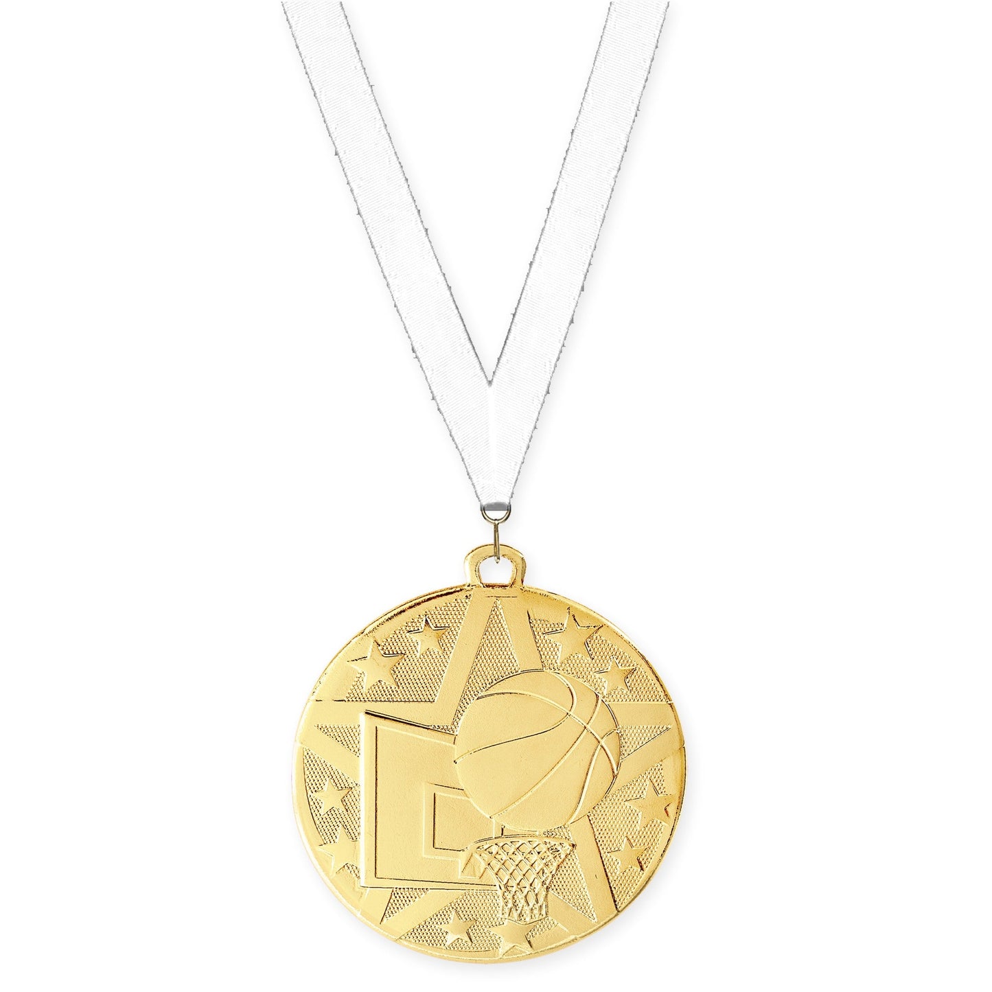 2 inch basketball Superstar medal in gold with White neck ribbon