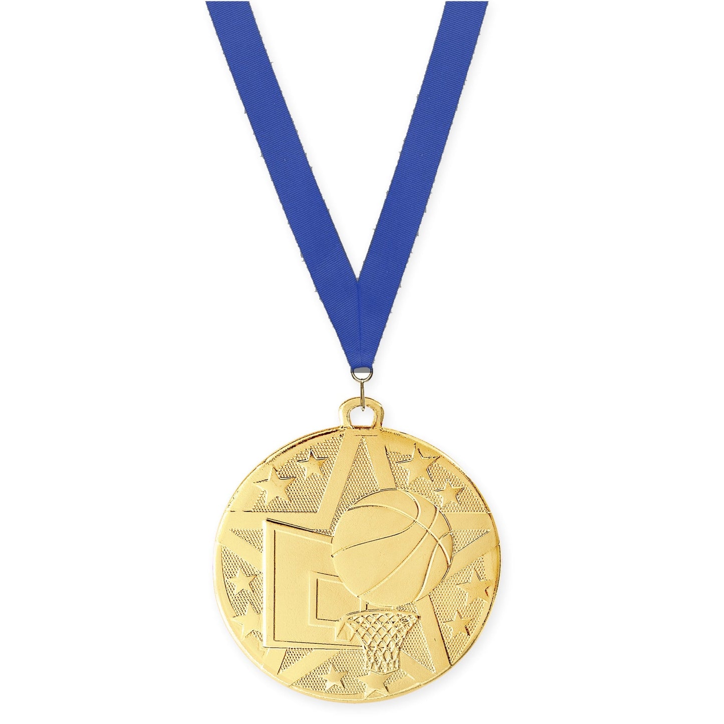 2 inch basketball Superstar medal in gold with Blue neck ribbon