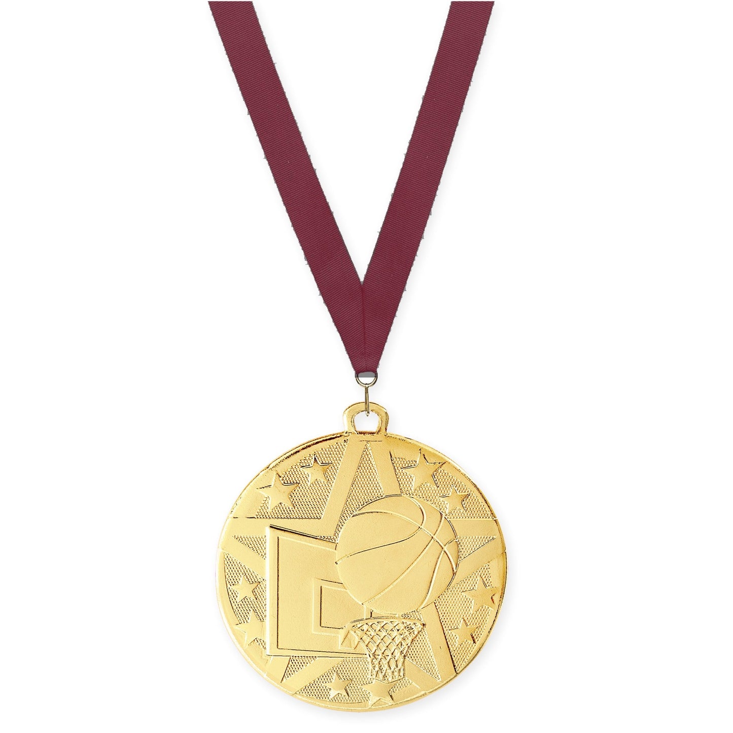 2 inch basketball Superstar medal in gold with Maroon neck ribbon