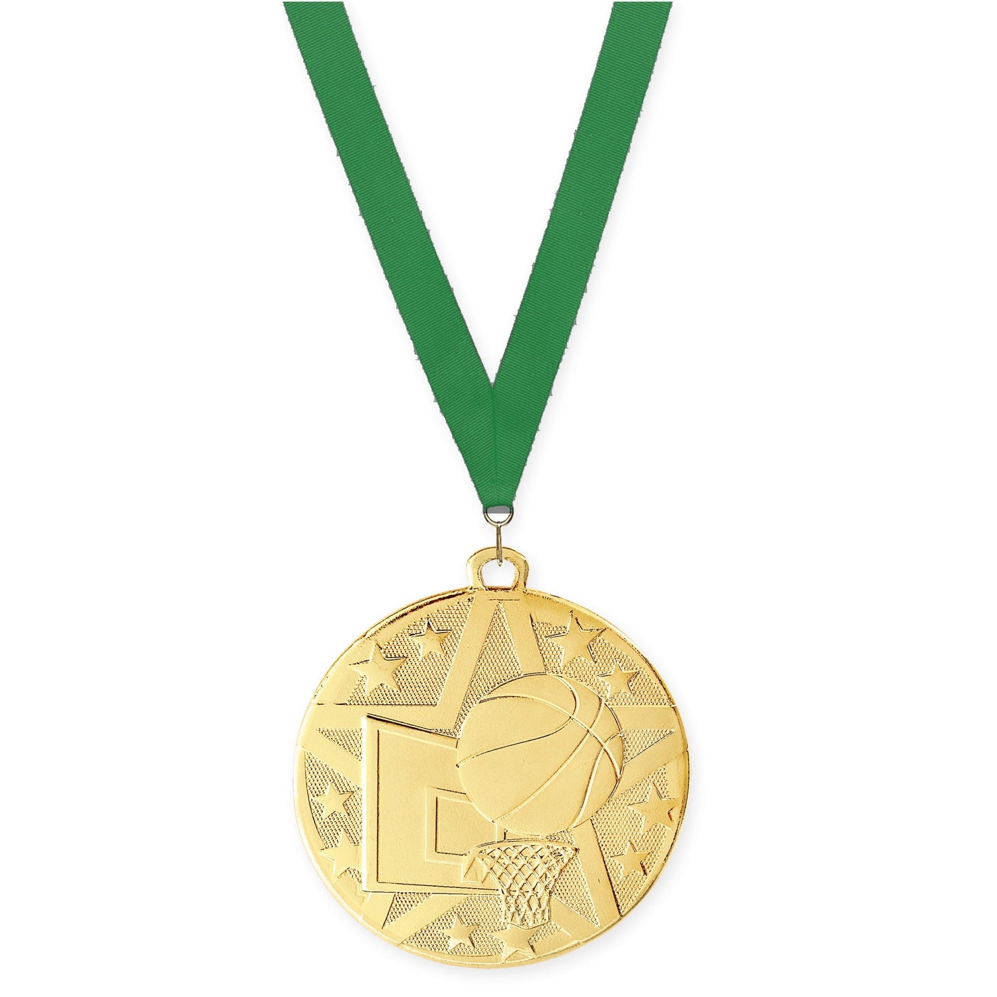 2 inch basketball Superstar medal in gold with Green neck ribbon