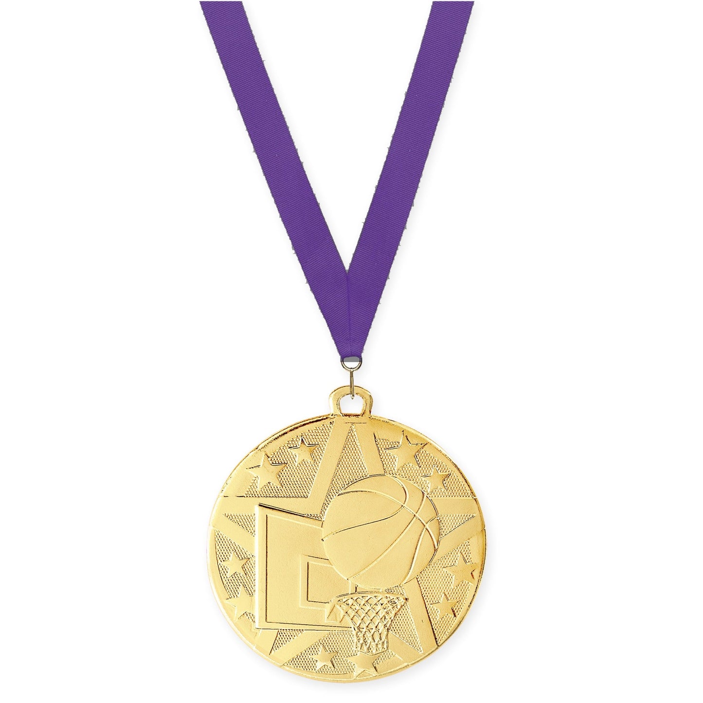 2 inch basketball Superstar medal in gold with Purple neck ribbon