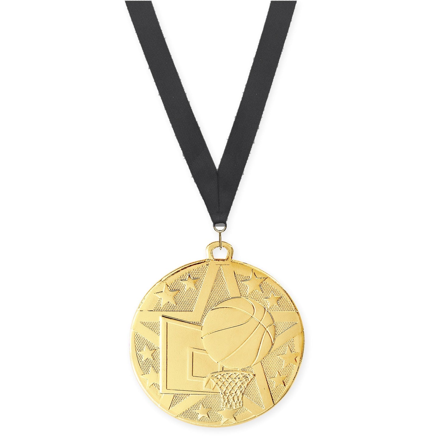 2 inch basketball Superstar medal in gold with Black neck ribbon