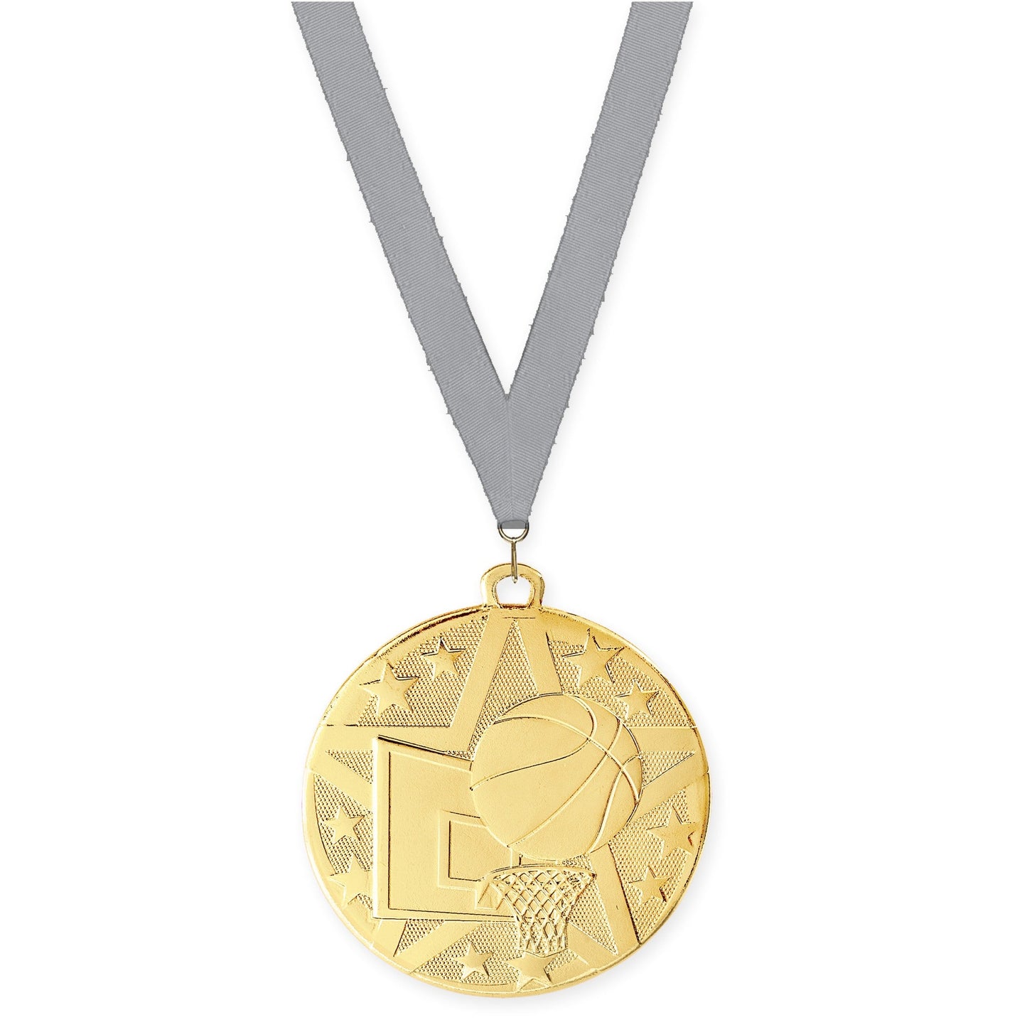 2 inch basketball Superstar medal in gold with Gray neck ribbon
