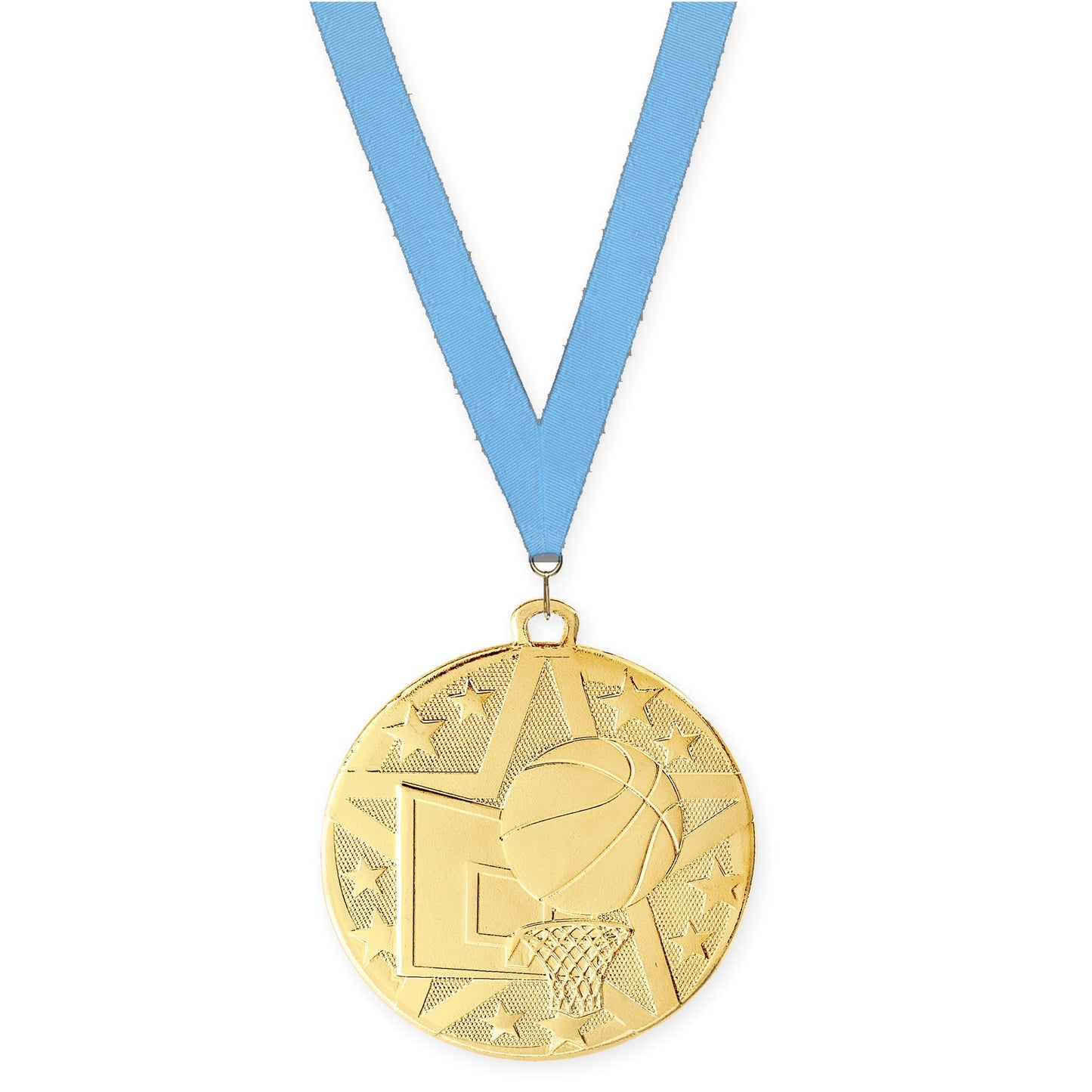 2 inch basketball Superstar medal in gold with Light Blue neck ribbon