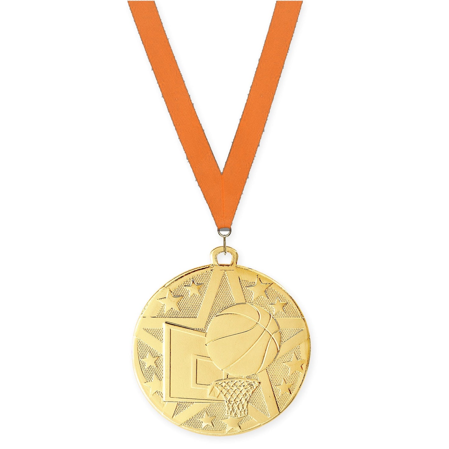 2 inch basketball Superstar medal in gold with Orange neck ribbon