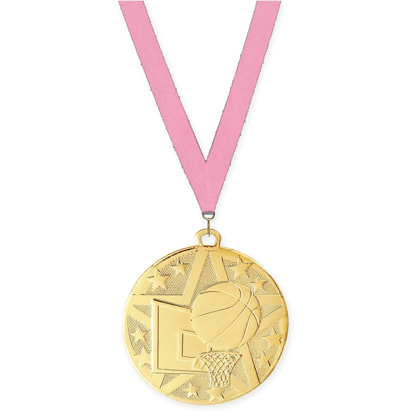 2 inch basketball Superstar medal in gold with Pink neck ribbon