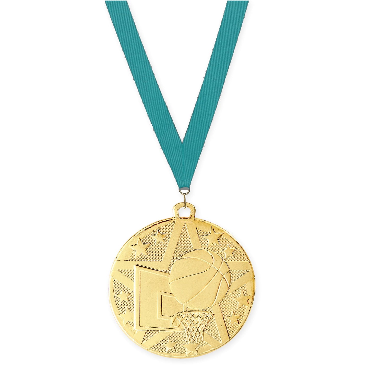 2 inch basketball Superstar medal in gold with Teal neck ribbon