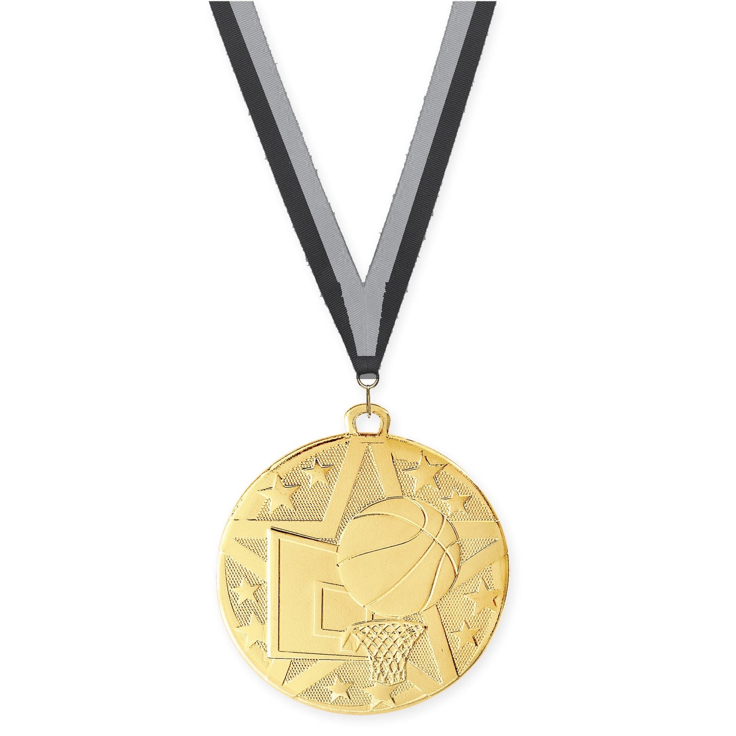 2 inch basketball Superstar medal in gold with Black Gray neck ribbon