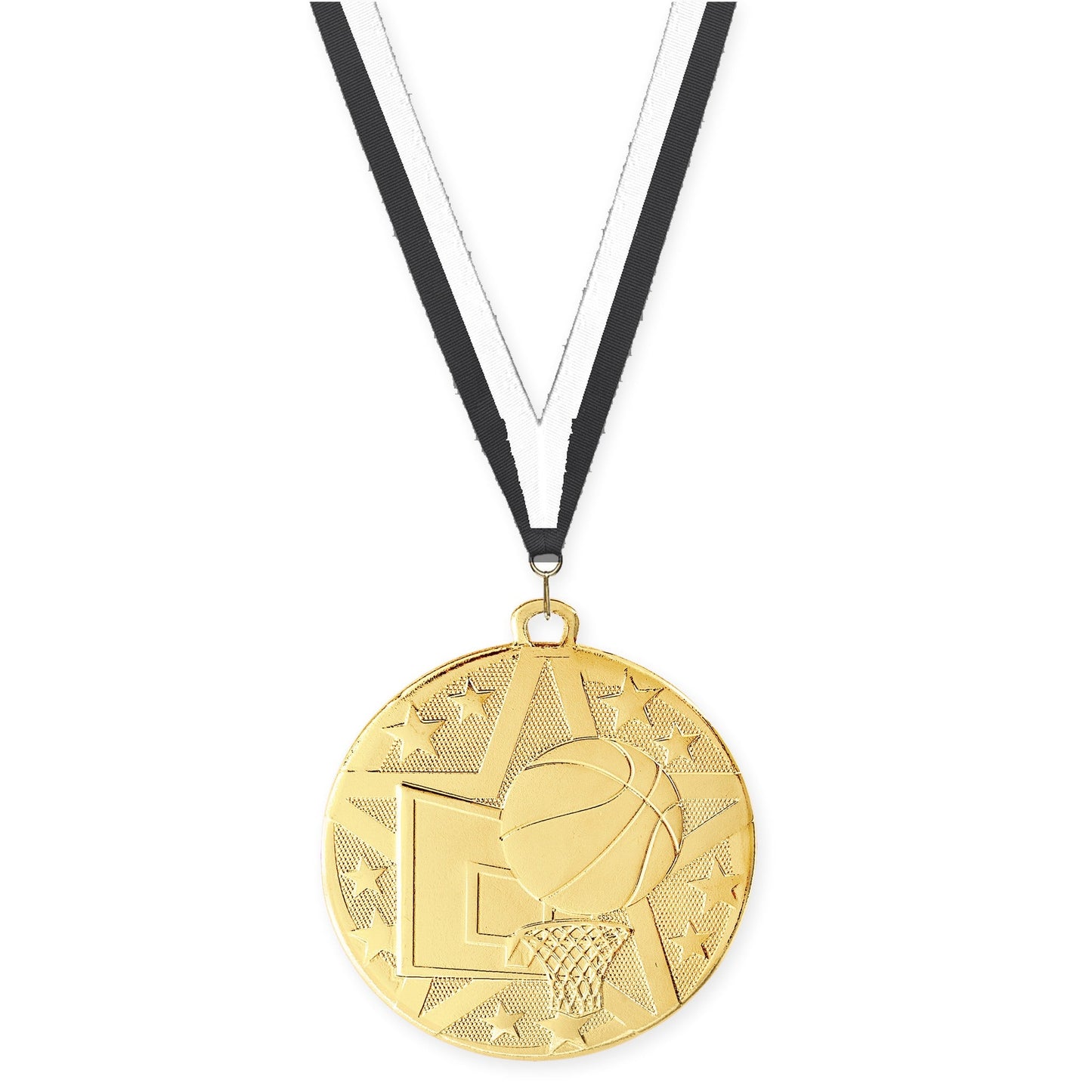 2 inch basketball Superstar medal in gold with Black White neck ribbon