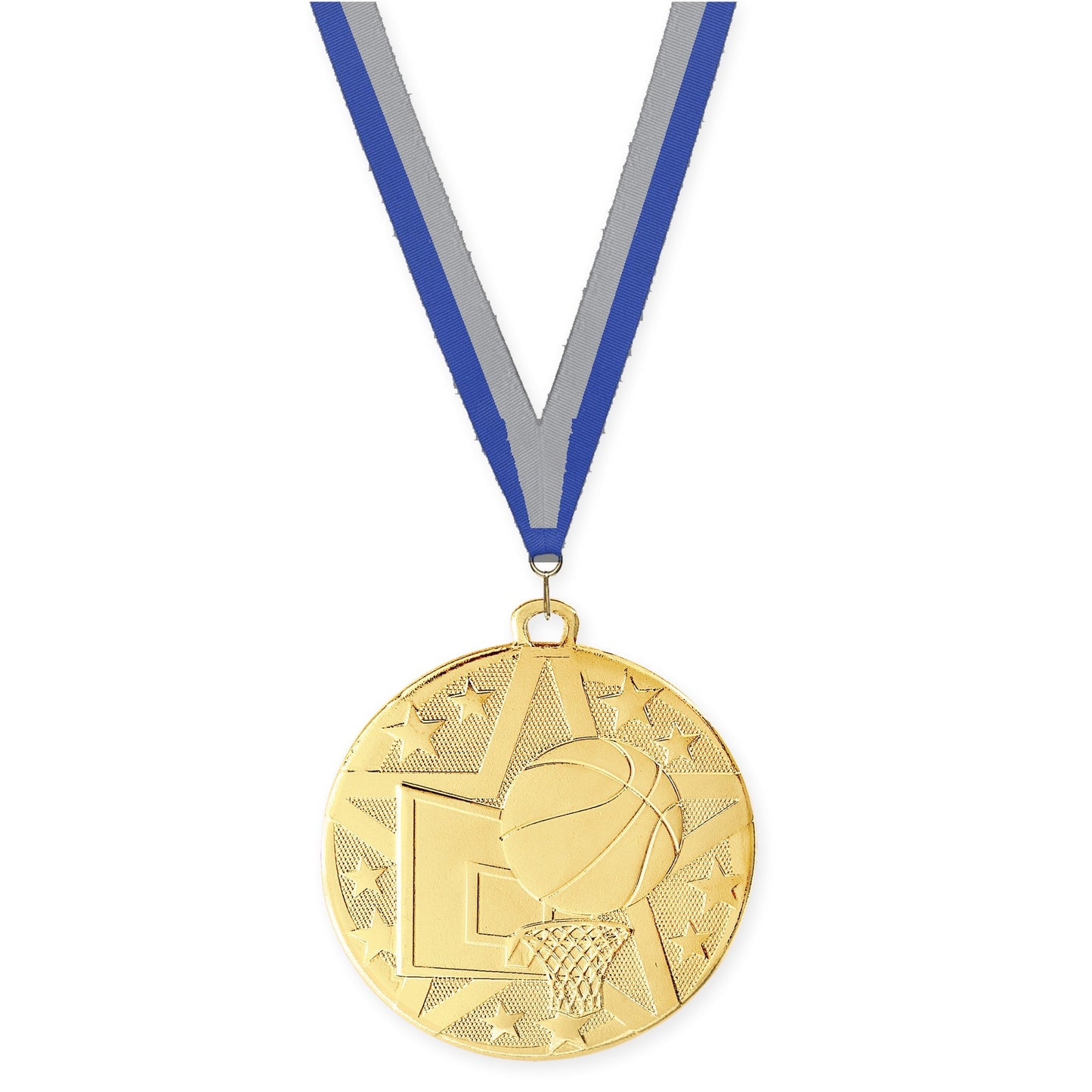 2 inch basketball Superstar medal in gold with Blue Gray neck ribbon