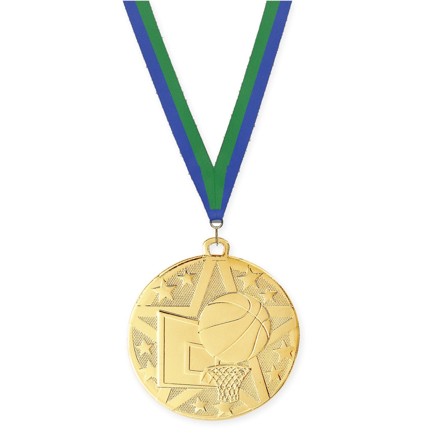 2 inch basketball Superstar medal in gold with Blue Green neck ribbon