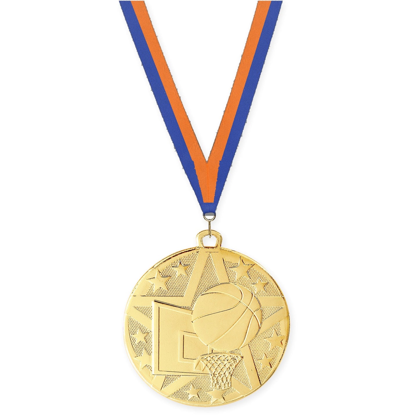 2 inch basketball Superstar medal in gold with Blue Orange neck ribbon
