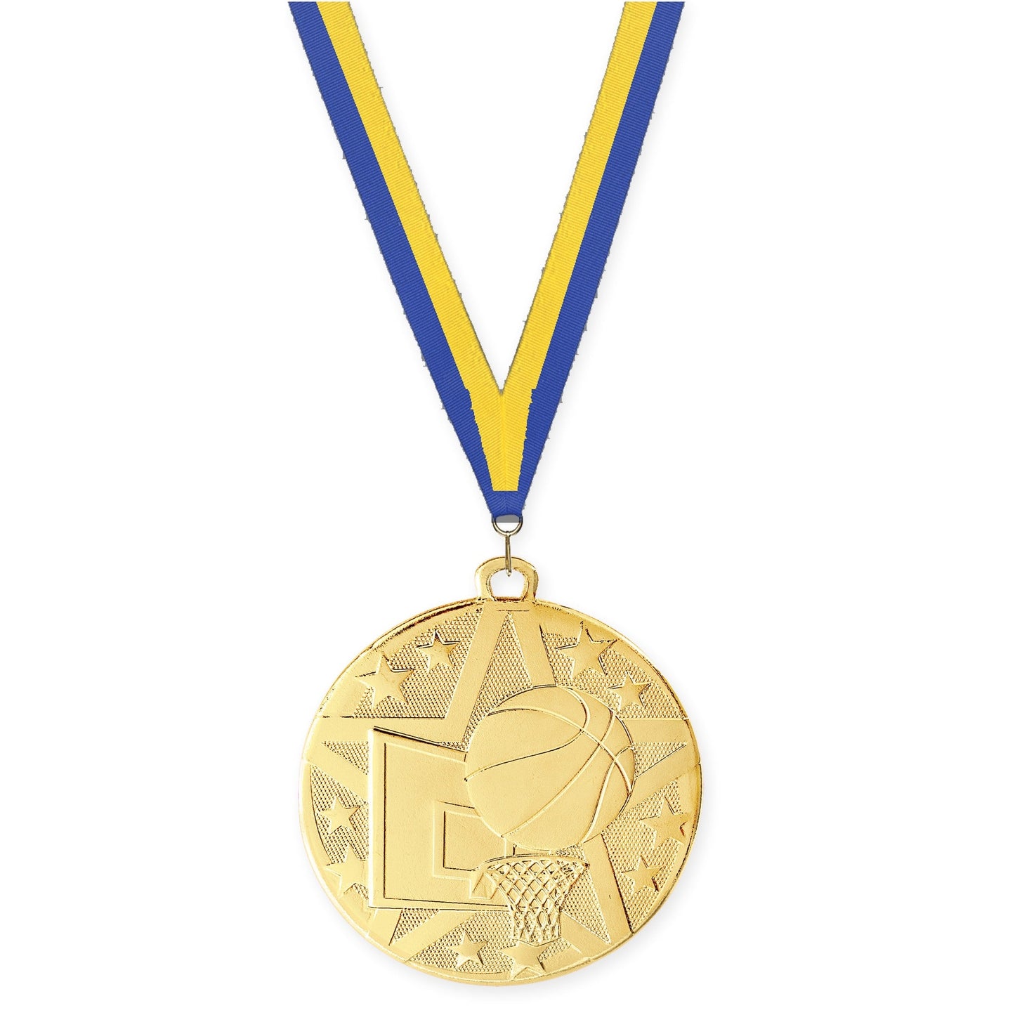 2 inch basketball Superstar medal in gold with Blue Yellow neck ribbon
