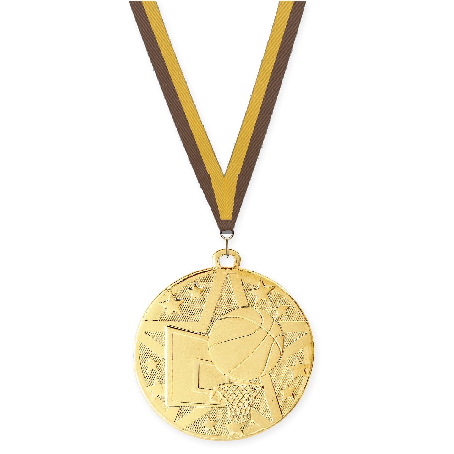 2 inch basketball Superstar medal in gold with Brown Gold neck ribbon