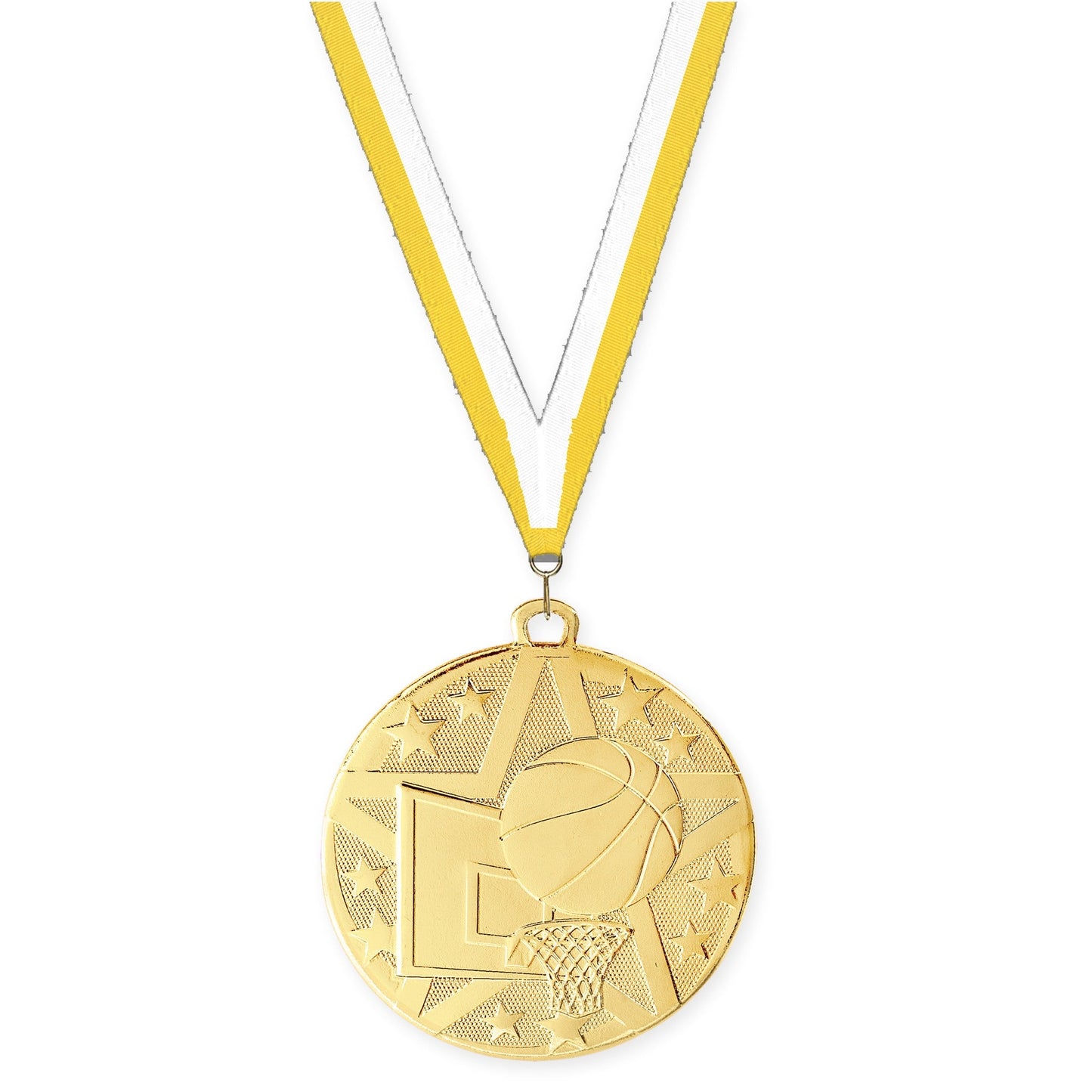 2 inch basketball Superstar medal in gold with Yellow White neck ribbon