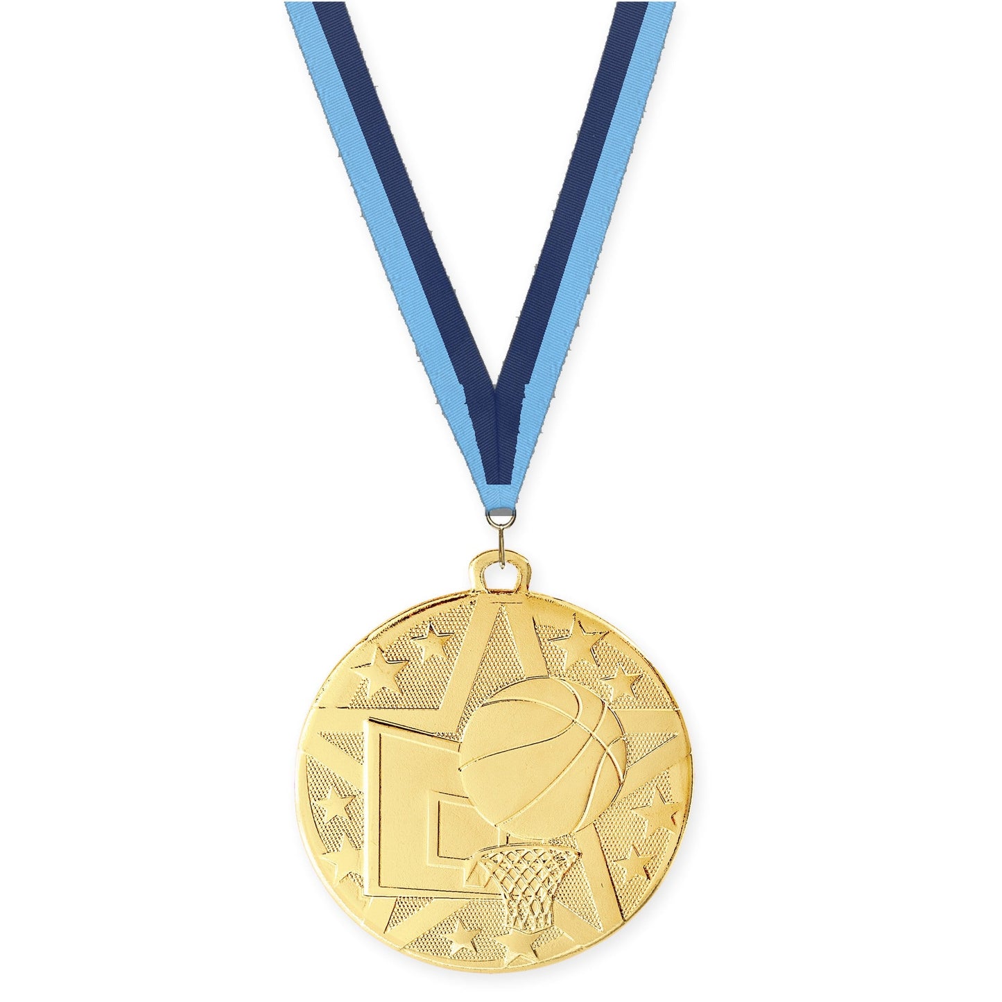 2 inch basketball Superstar medal in gold with Light Blue Navy neck ribbon