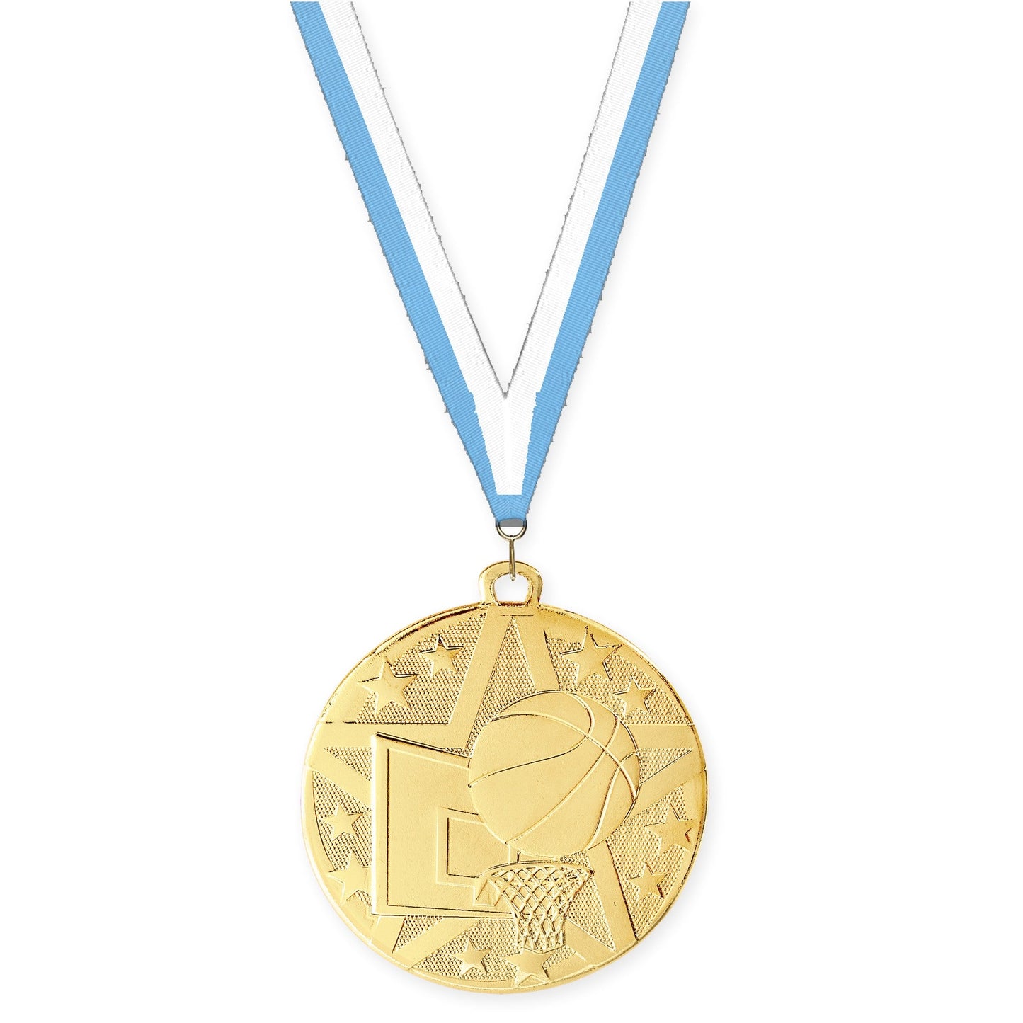 2 inch basketball Superstar medal in gold with Light Blue White neck ribbon