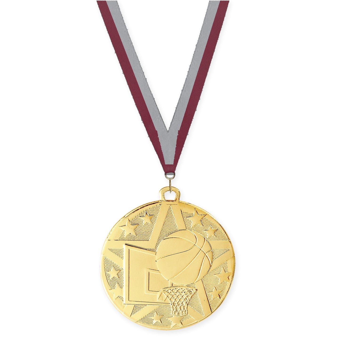 2 inch basketball Superstar medal in gold with Maroon Gray neck ribbon