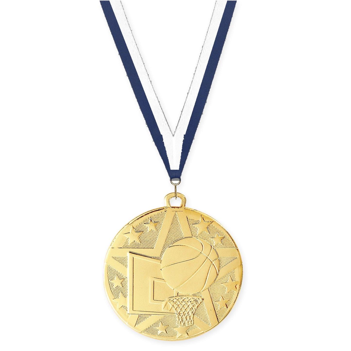 2 inch basketball Superstar medal in gold with Navy White neck ribbon
