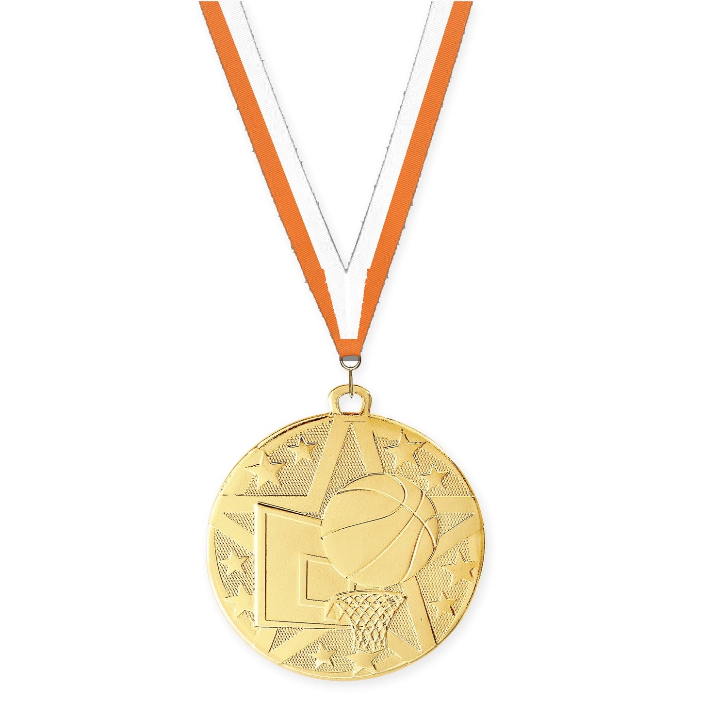 2 inch basketball Superstar medal in gold with Orange White neck ribbon