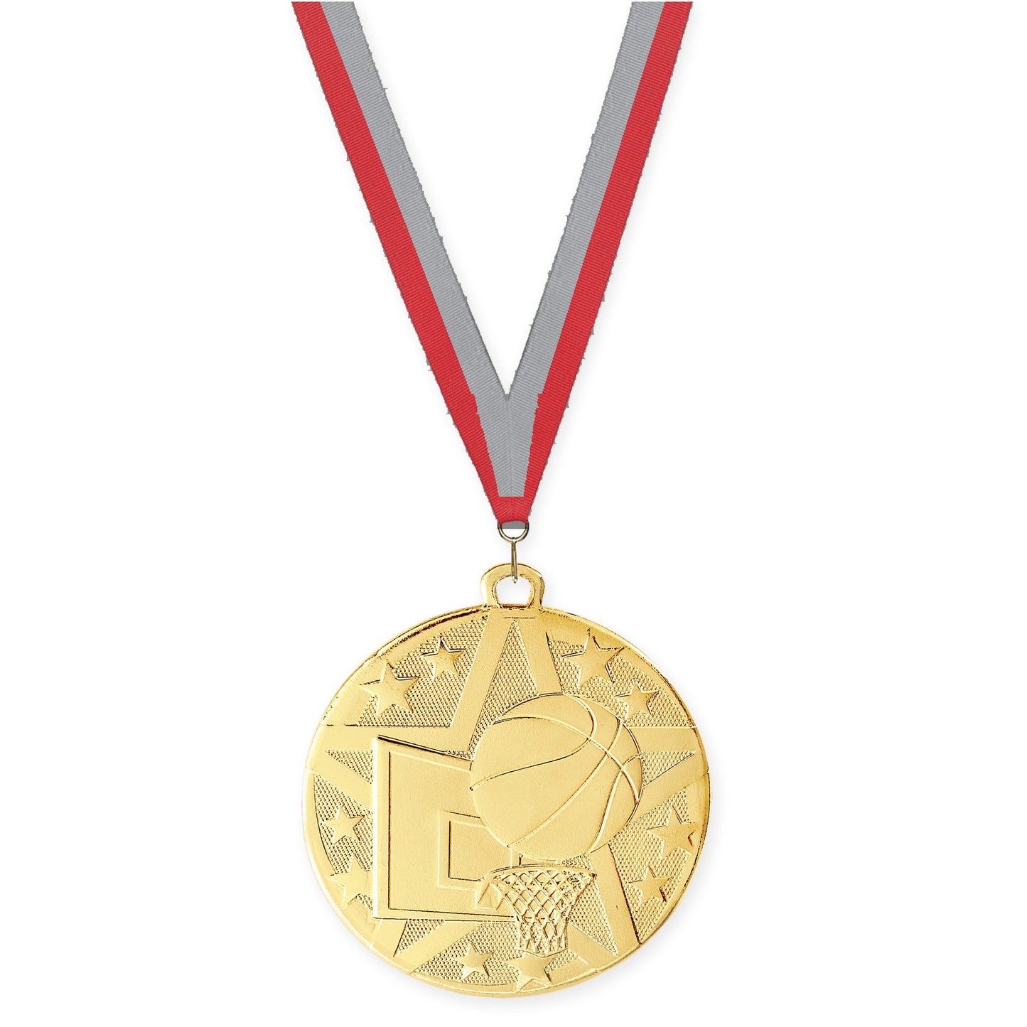 2 inch basketball Superstar medal in gold with Red Gray neck ribbon