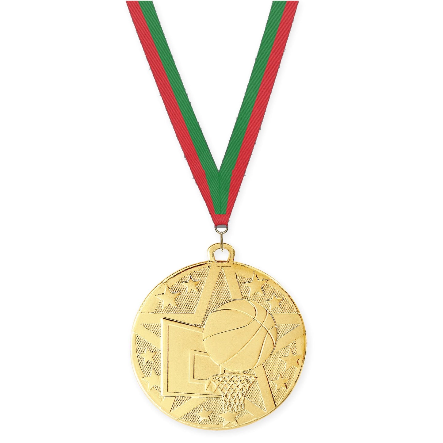 2 inch basketball Superstar medal in gold with Red Green neck ribbon