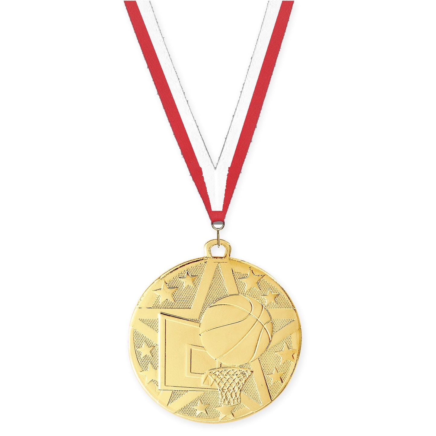 2 inch basketball Superstar medal in gold with Red White neck ribbon