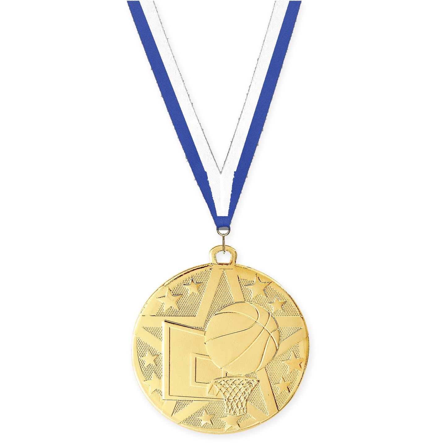 2 inch basketball Superstar medal in gold with Blue White neck ribbon