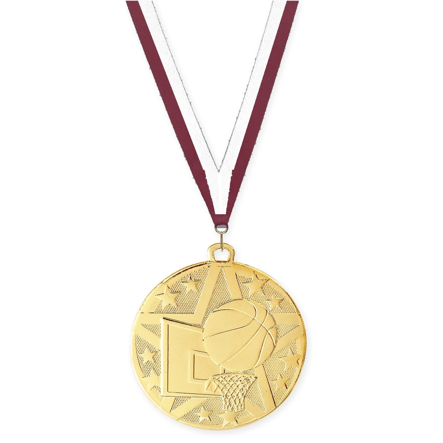 2 inch basketball Superstar medal in gold with Maroon White neck ribbon