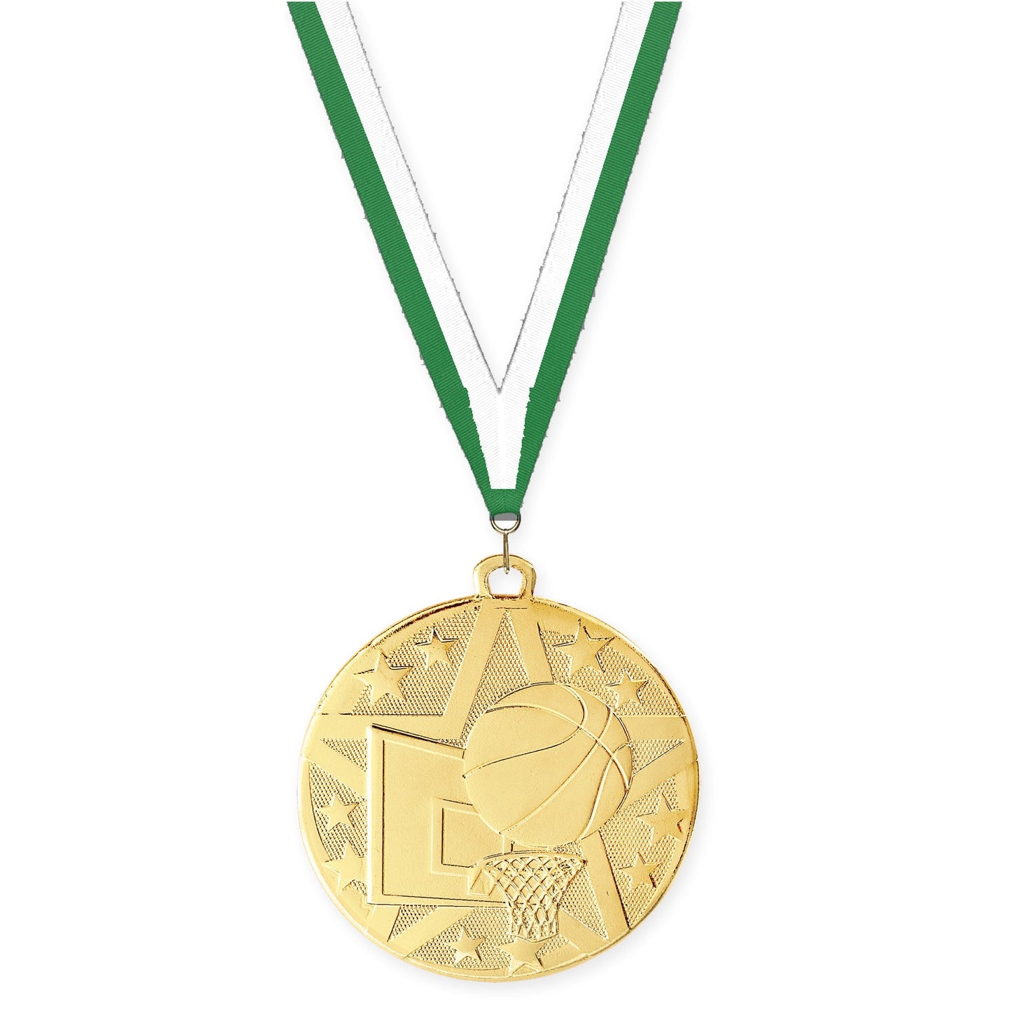 2 inch basketball Superstar medal in gold with Green White neck ribbon