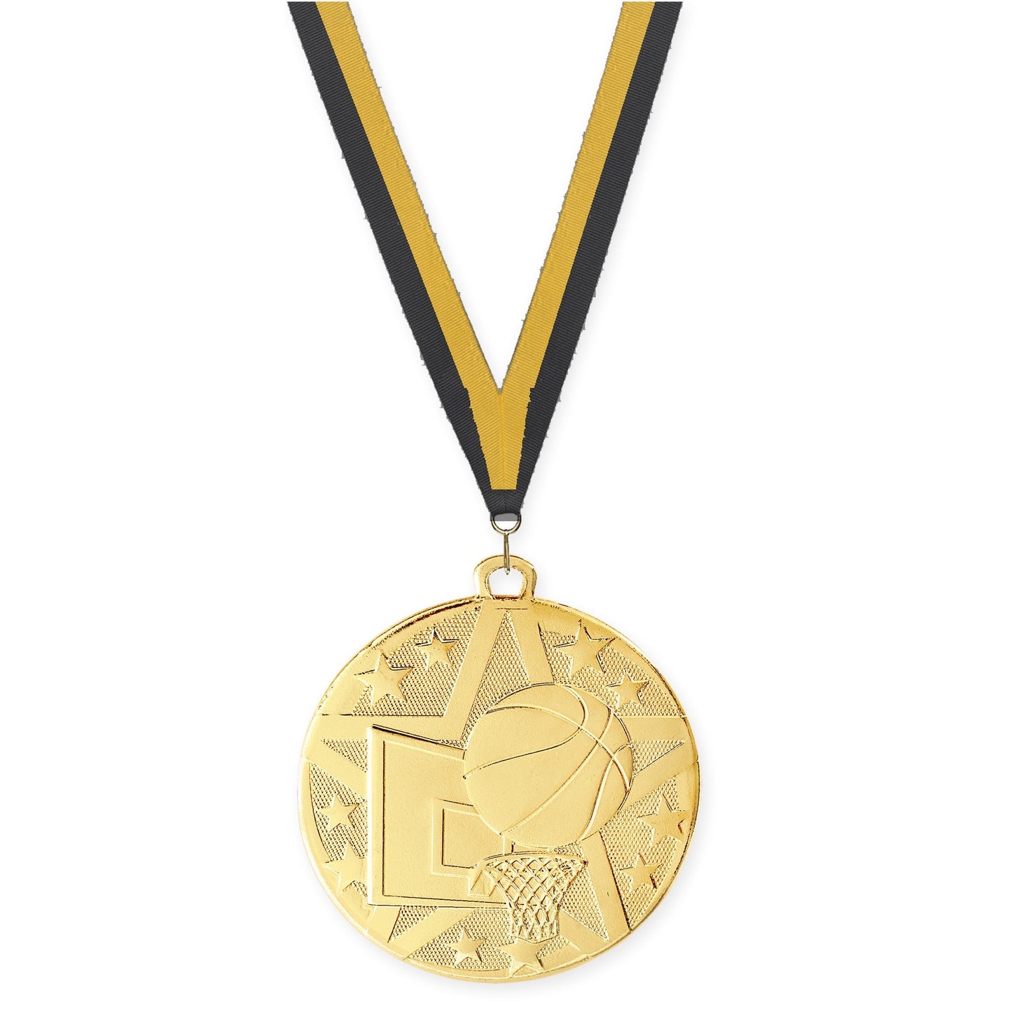 2 inch basketball Superstar medal in gold with Black Gold neck ribbon