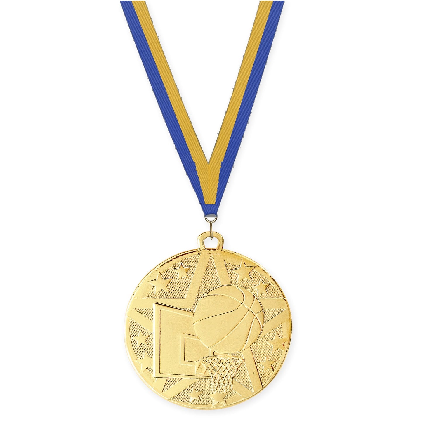 2 inch basketball Superstar medal in gold with Blue Gold neck ribbon