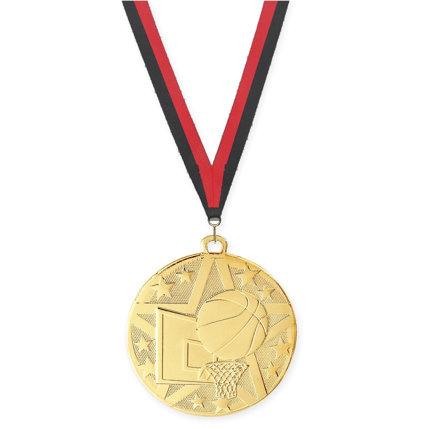2 inch basketball Superstar medal in gold with Black Red neck ribbon