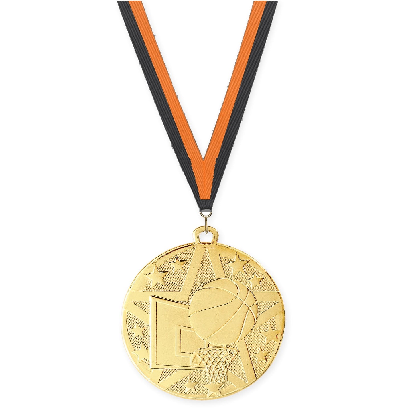 2 inch basketball Superstar medal in gold with Black Orange neck ribbon