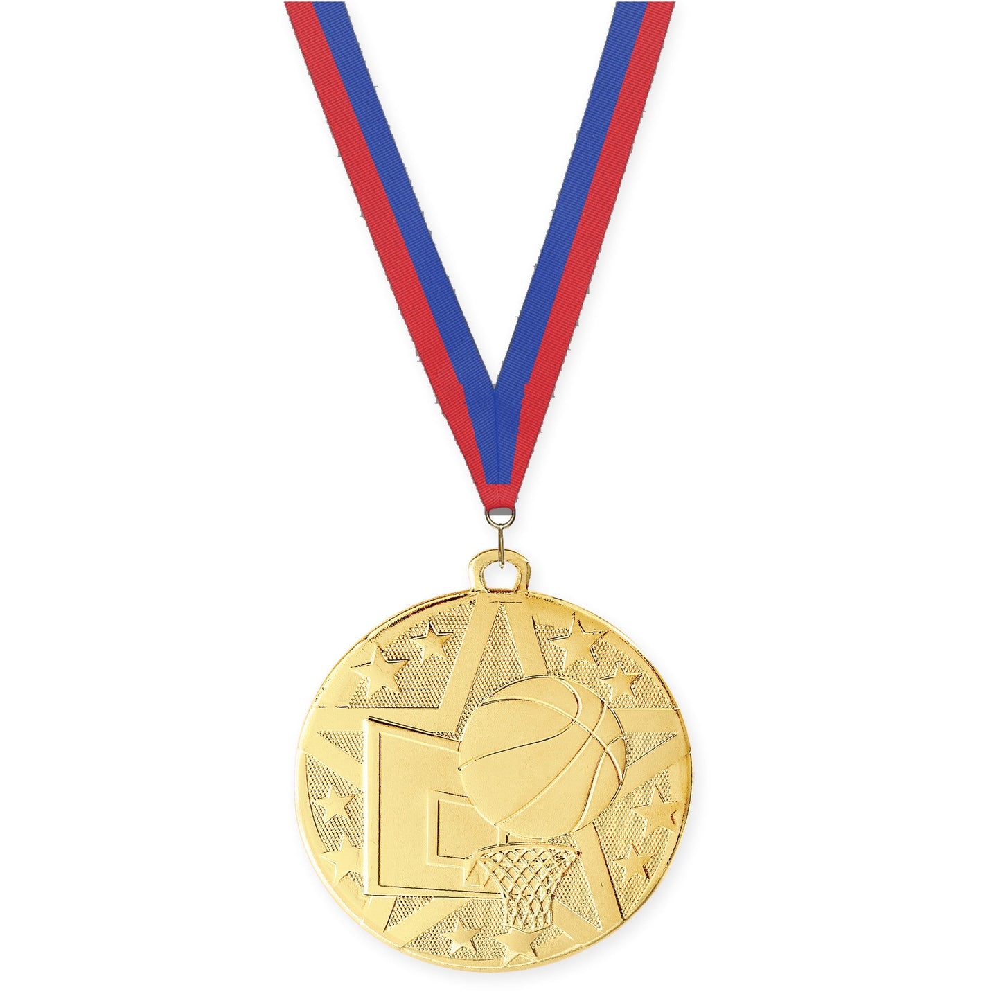2 inch basketball Superstar medal in gold with Blue Red neck ribbon