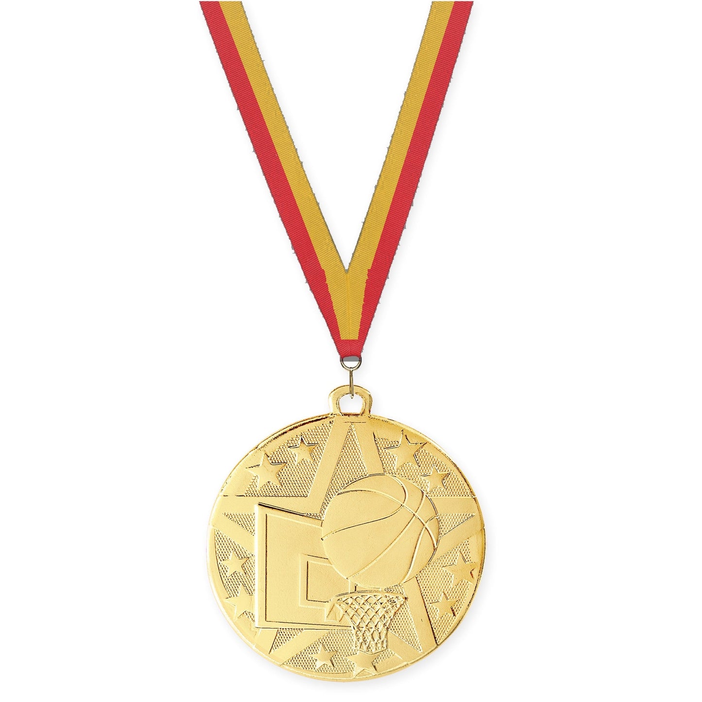 2 inch basketball Superstar medal in gold with Red Gold neck ribbon