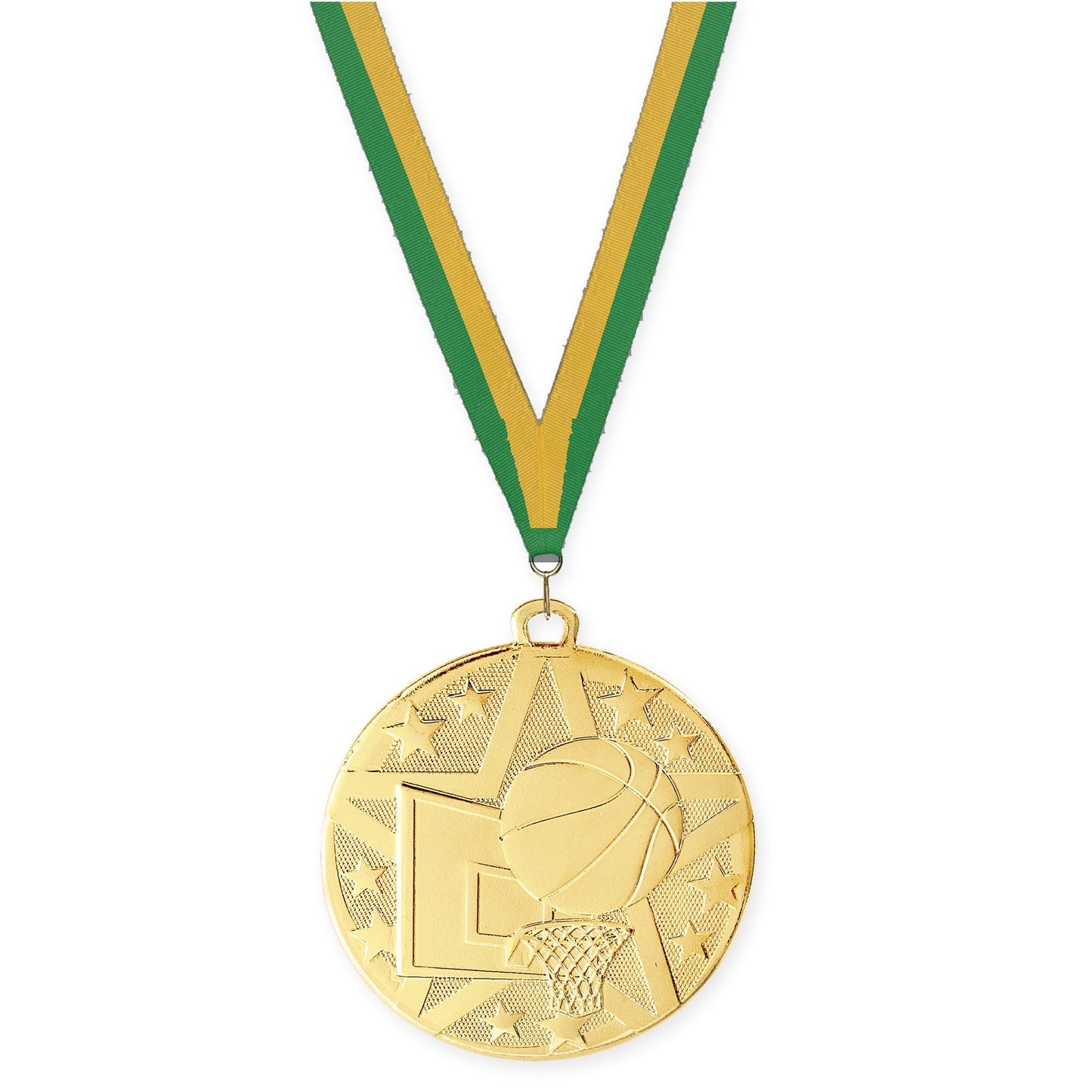 2 inch basketball Superstar medal in gold with Green Gold neck ribbon