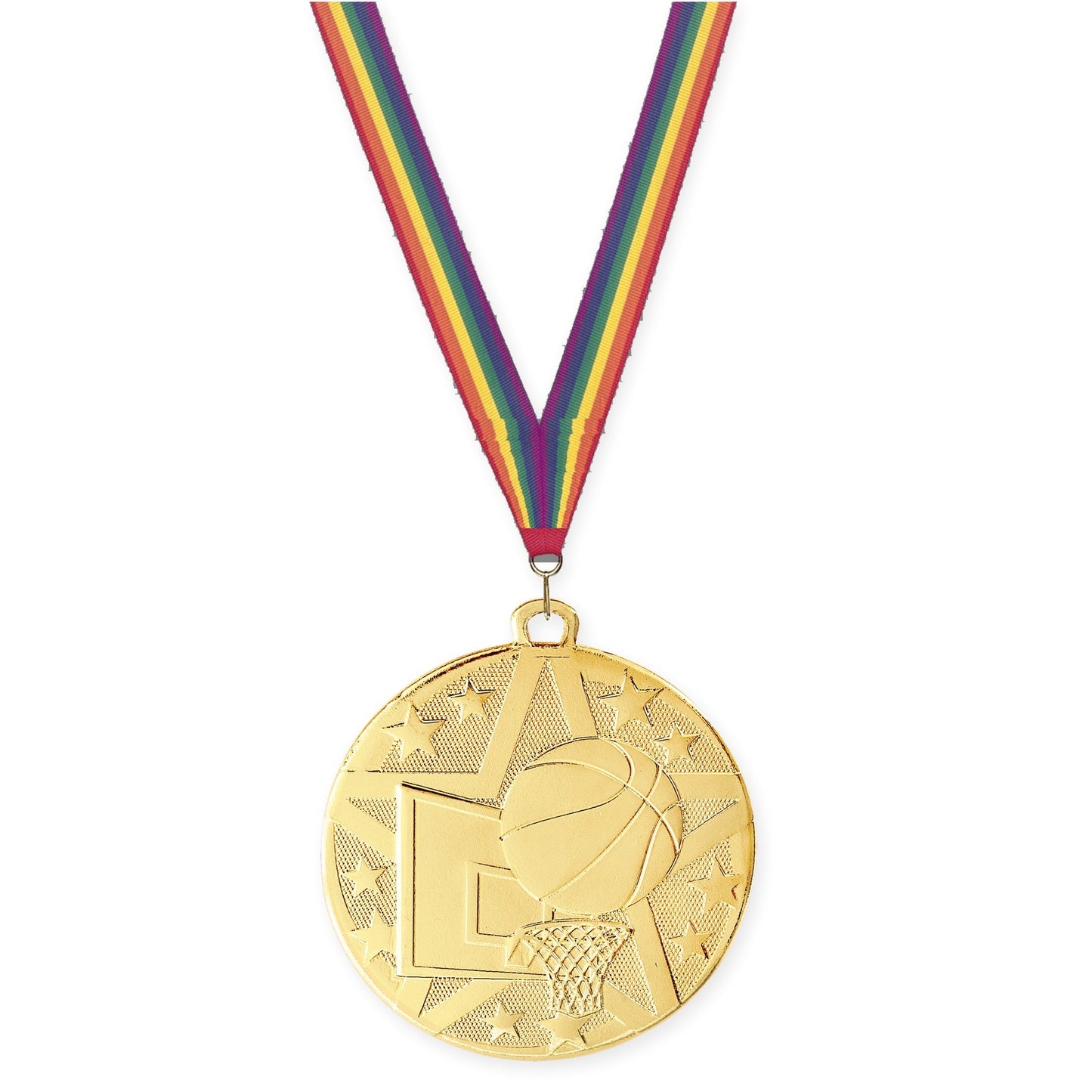 2 inch basketball Superstar medal in gold with Rainbow neck ribbon